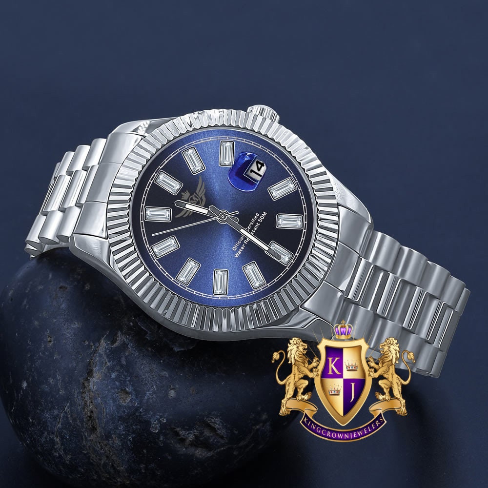 Blue Face Men's Solid Stainless Steel 18K White Gold Finish Simulated Diamond Automatic Watch 44mm W/Date Function