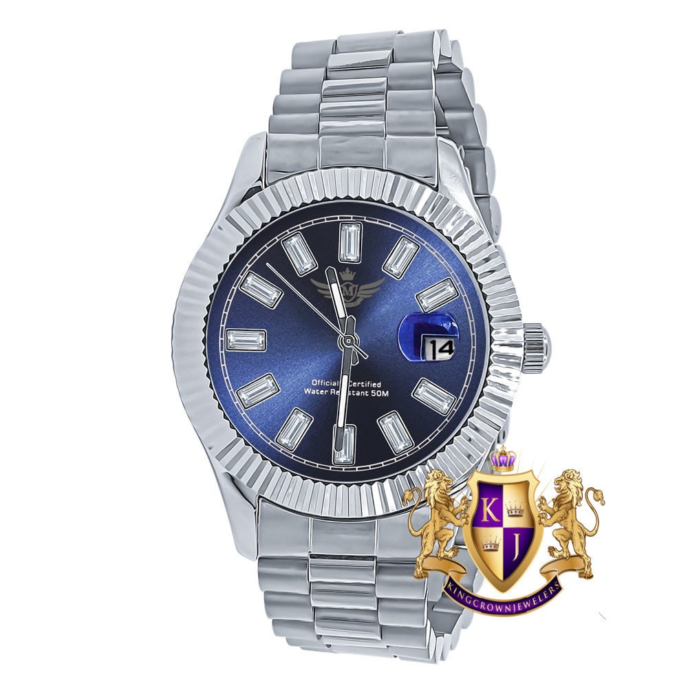 Blue Face Men's Solid Stainless Steel 18K White Gold Finish Simulated Diamond Automatic Watch 44mm W/Date Function