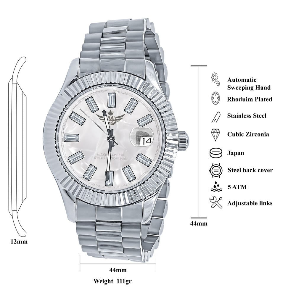 Men's Solid Stainless Steel 18K White Gold Finish Simulated Diamond Automatic Watch 44mm W/Date Function