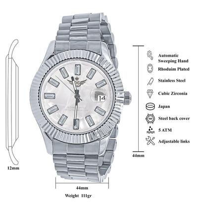 Men's Solid Stainless Steel 18K White Gold Finish Simulated Diamond Automatic Watch 44mm W/Date Function