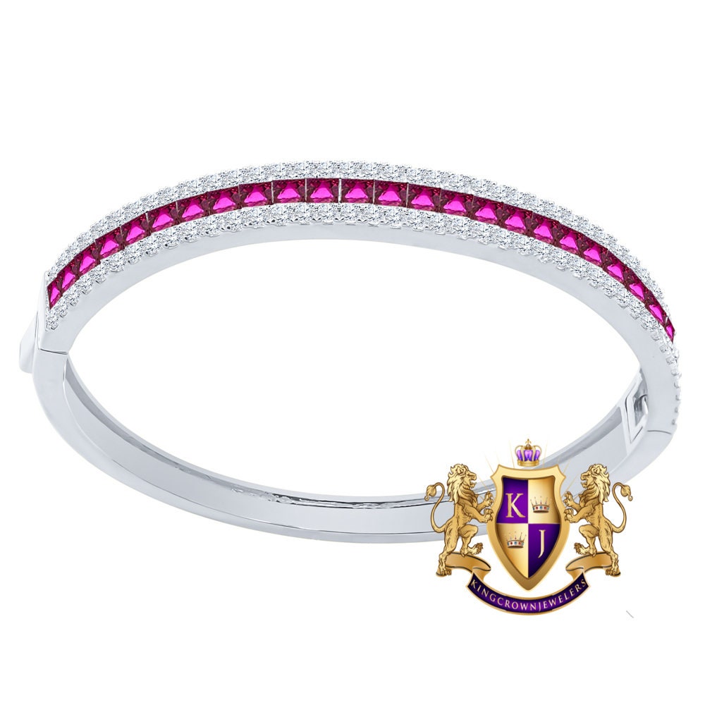 6.75CT Fire Pink Princess & Round Cut Diamond Real Genuine Sterling Silver Luxury Bangle Bracelet 14K White Gold Over
