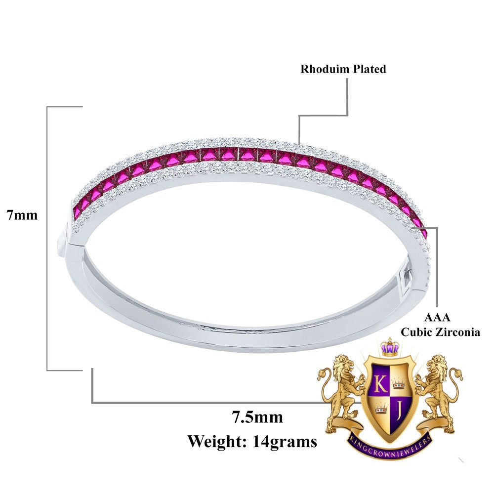 6.75CT Fire Pink Princess & Round Cut Diamond Real Genuine Sterling Silver Luxury Bangle Bracelet 14K White Gold Over