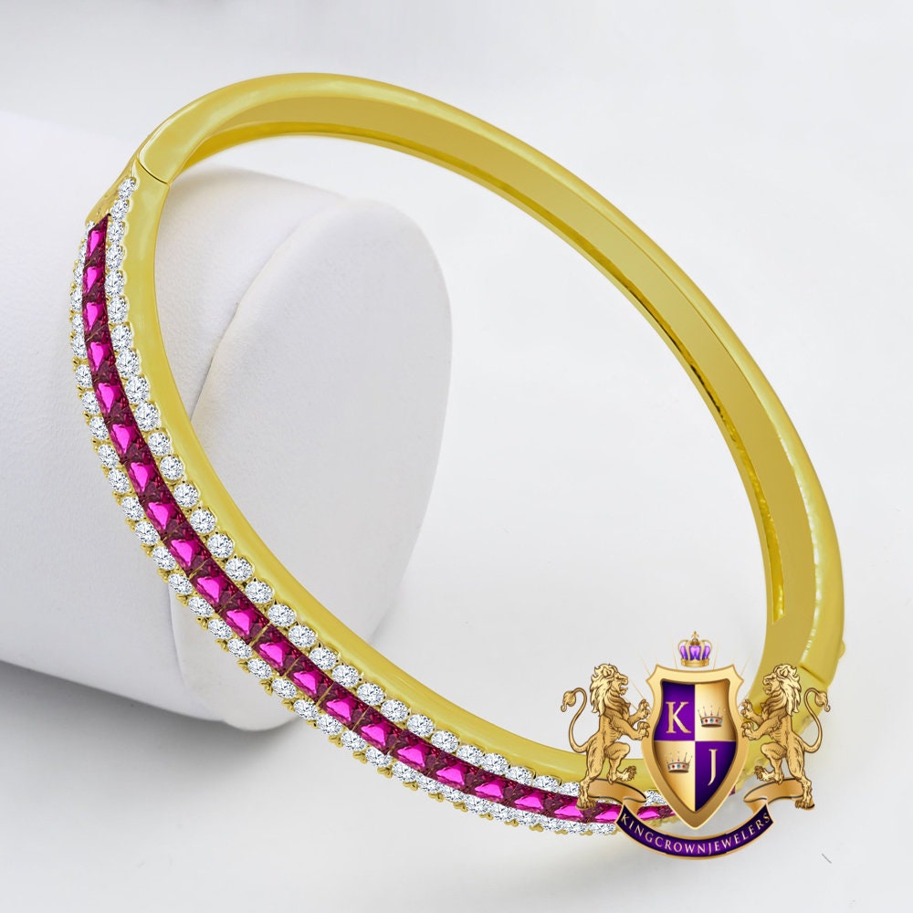 6.75CT Fire Pink Princess & Round Cut Diamond Real Genuine Sterling Silver Luxury Bangle Bracelet 14K Yellow Gold Over