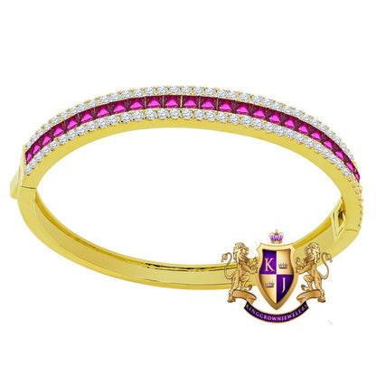6.75CT Fire Pink Princess & Round Cut Diamond Real Genuine Sterling Silver Luxury Bangle Bracelet 14K Yellow Gold Over