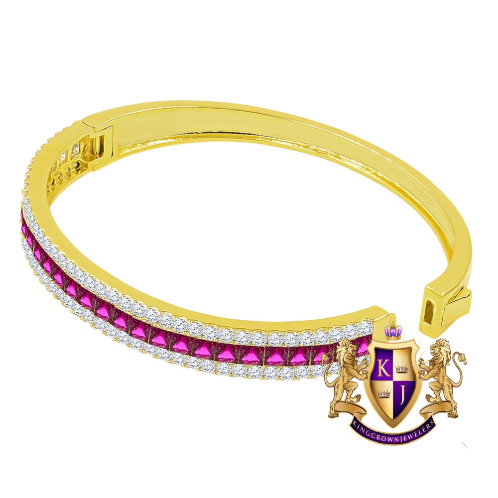 6.75CT Fire Pink Princess & Round Cut Diamond Real Genuine Sterling Silver Luxury Bangle Bracelet 14K Yellow Gold Over