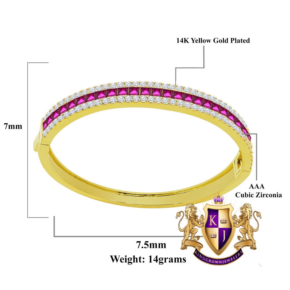 6.75CT Fire Pink Princess & Round Cut Diamond Real Genuine Sterling Silver Luxury Bangle Bracelet 14K Yellow Gold Over