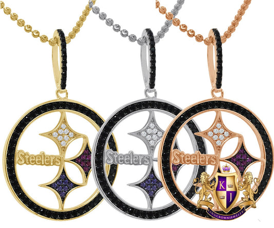 Real Genuine Italian Sterling Silver 14K Gold On Pittsburgh Steelers 1.50 Cwt. Simulated Diamond Custom Pendant Sports Charm +Chain Neckless