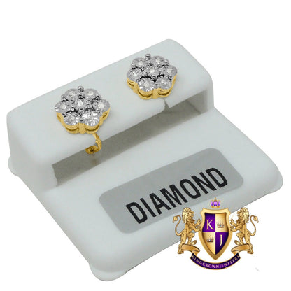 Real Genuine Diamond 0.40Cwt. Flower Round 10mm Earrings Stud 10K Yellow Gold Finish Unisex