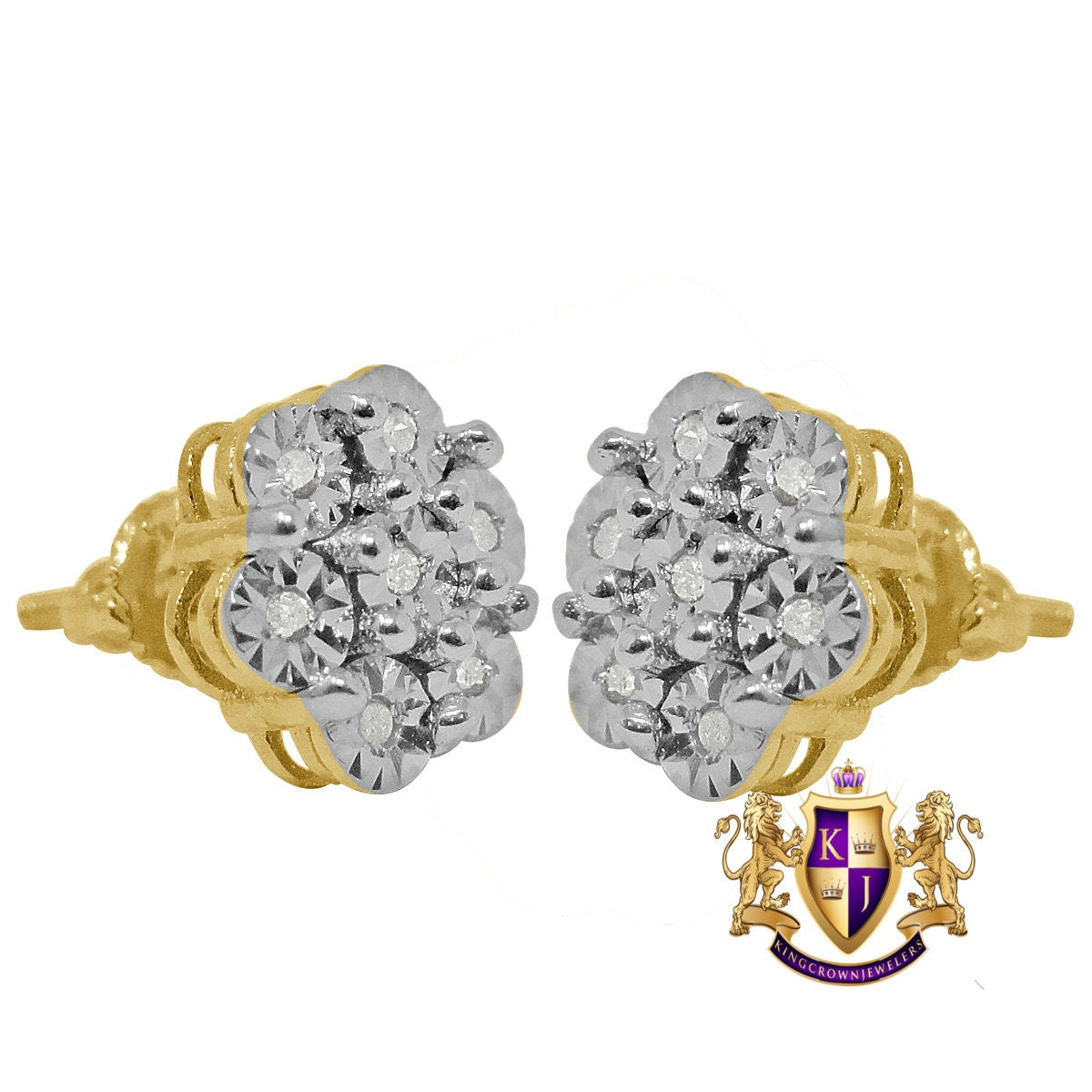 Real Genuine Diamond 0.40Cwt. Flower Round 10mm Earrings Stud 10K Yellow Gold Finish Unisex