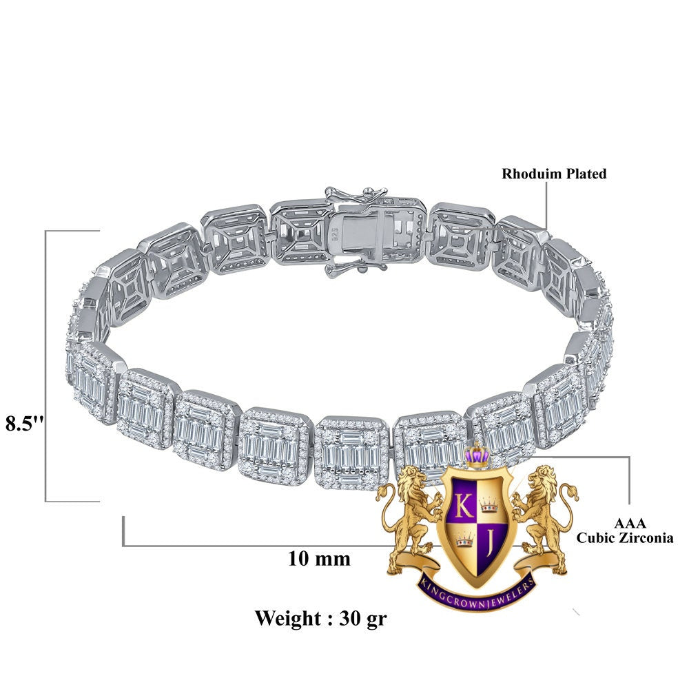 Baguette Real Sterling Silver White Gold Over Simulated Diamond Tennis Link Bracelet 8.5'' Unisex 35+Grams