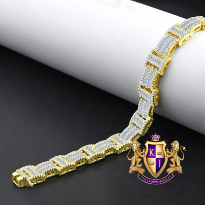 24 + Grams Unisex Baguette 14K Yellow Gold Over Genuine Simulated Diamond Tennis Link Bracelet 8.75''