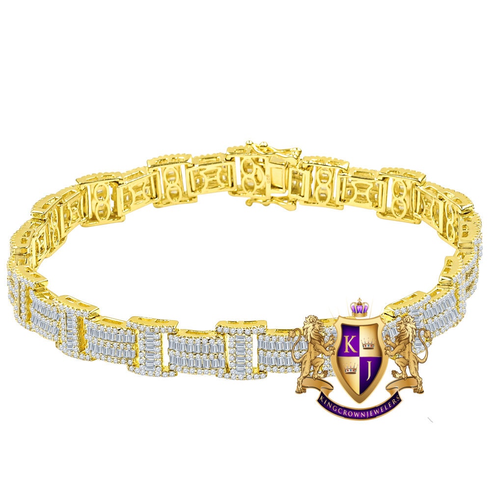 Unisex Baguette Real Genuine Yellow Gold Sterling Silver Simulated Diamond Tennis Link Bracelet 8.75'' 30 + Grams