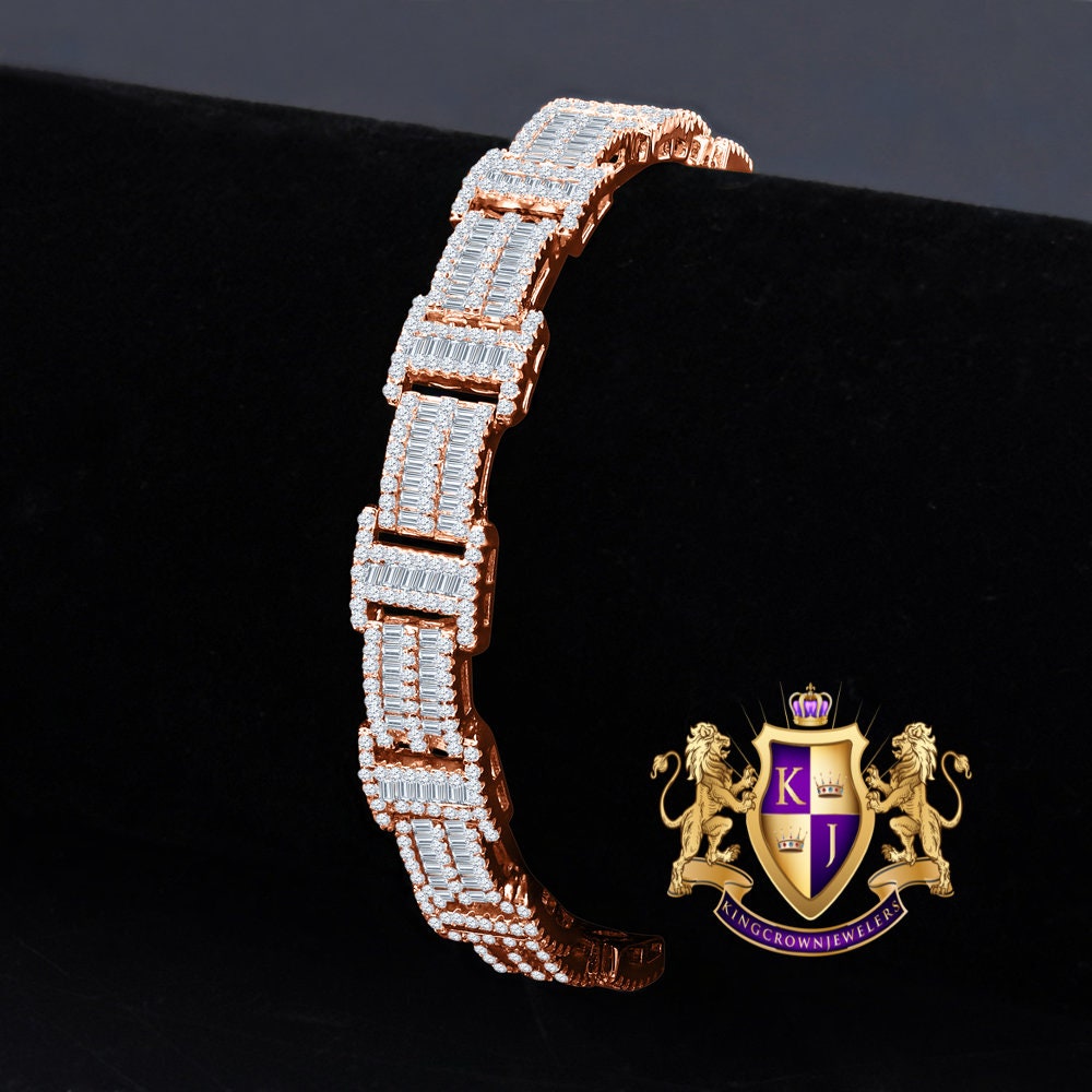 Unisex Baguette Real Genuine Rose Gold Sterling Silver Simulated Diamond Tennis Link Bracelet 8.75'' 30 + Grams