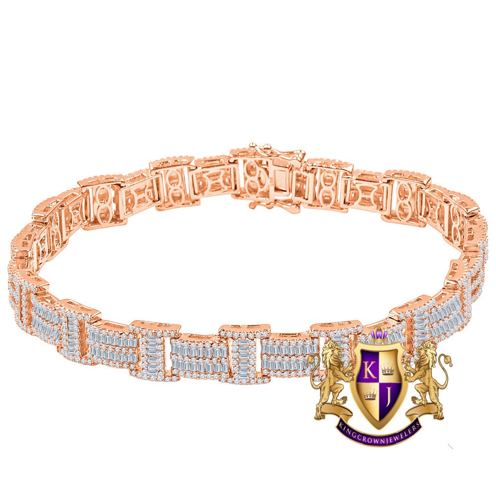 Unisex Baguette Real Genuine Rose Gold Sterling Silver Simulated Diamond Tennis Link Bracelet 8.75'' 30 + Grams