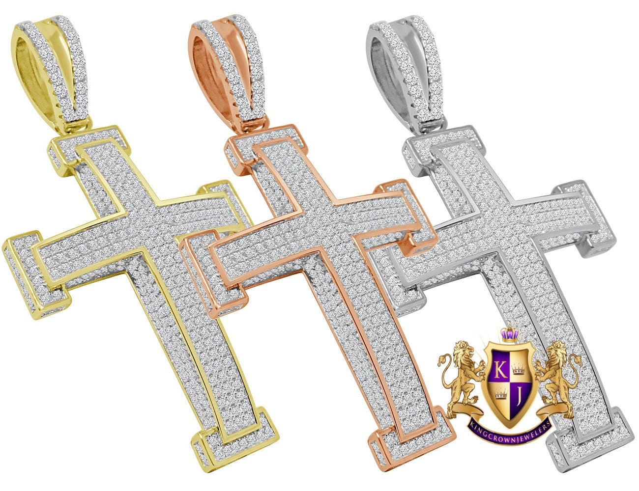 High Quality Real Genuine Sterling Silver Simulated Diamond 14K Gold Over 3D Holy Jesus Cross Custom Pendent Charm