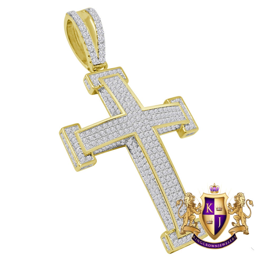 High Quality Real Genuine Sterling Silver Simulated Diamond 14K Gold Over 3D Holy Jesus Cross Custom Pendent Charm