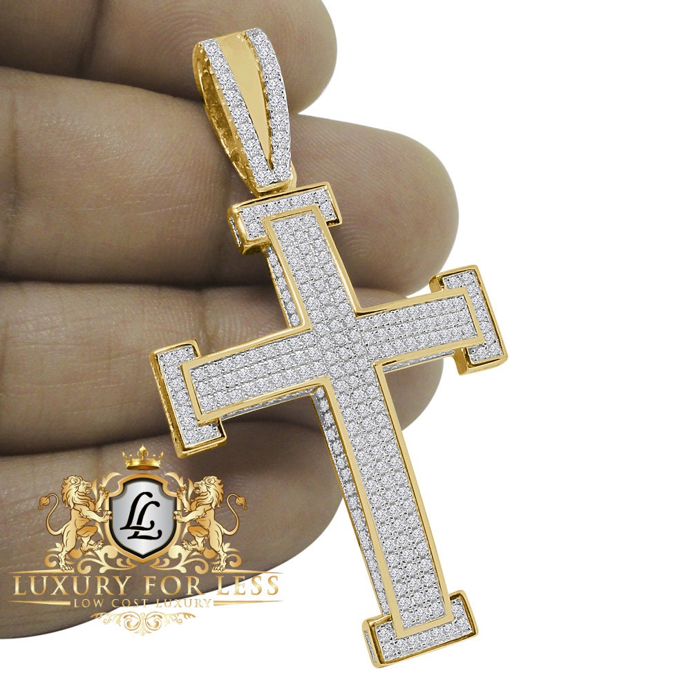 High Quality Real Genuine Sterling Silver Simulated Diamond 14K Gold Over 3D Holy Jesus Cross Custom Pendent Charm