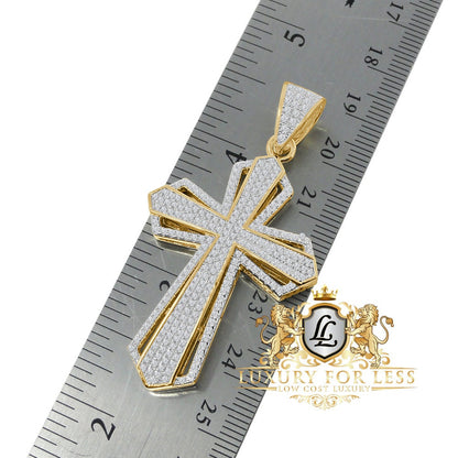 Real Genuine Sterling Silver 20+ Grams 4.00 Cwt. Simulated Diamond 14K Gold Over Holy Jesus Cross Custom Pendent Religious Charm Chain Set