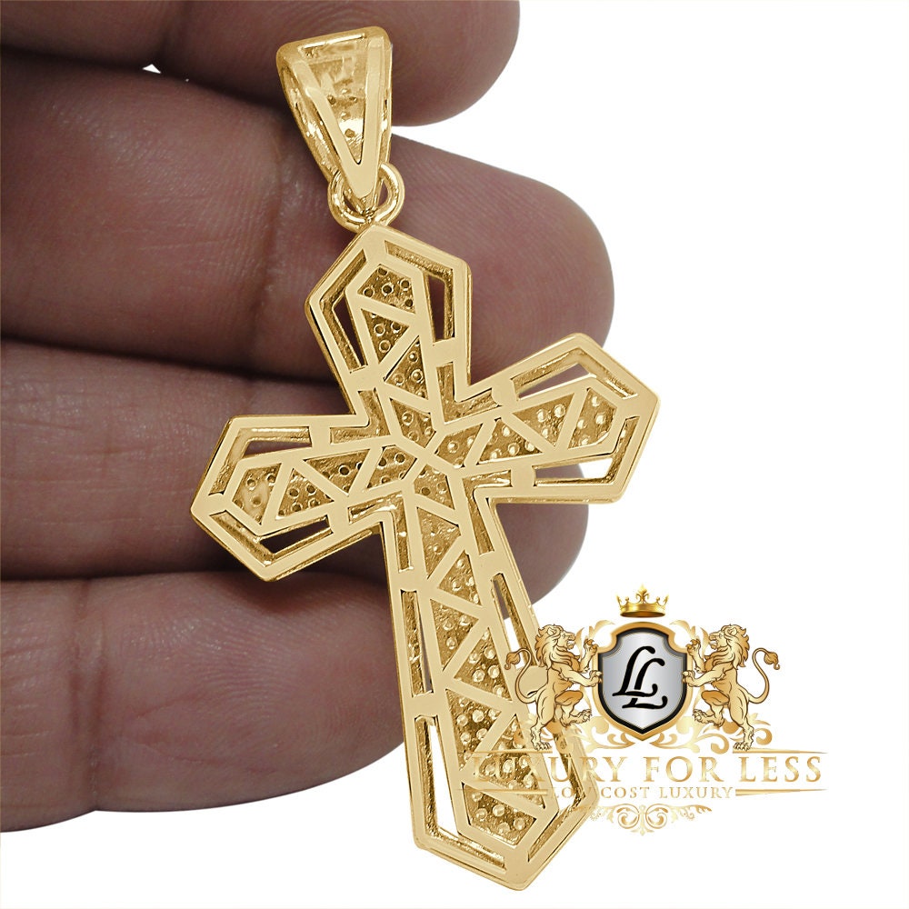 Real Genuine Sterling Silver 20+ Grams 4.00 Cwt. Simulated Diamond 14K Gold Over Holy Jesus Cross Custom Pendent Religious Charm Chain Set