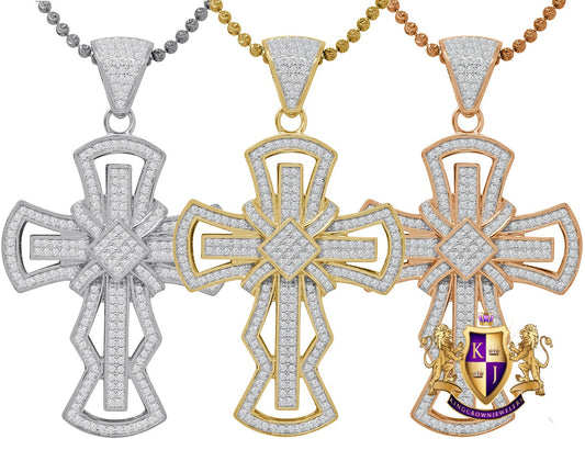 Real Genuine Sterling Silver 14K Gold Finish Simulated Diamond Jesus Cross Pendent Charm Chain Set