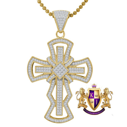 Real Genuine Sterling Silver 14K Gold Finish Simulated Diamond Jesus Cross Pendent Charm Chain Set