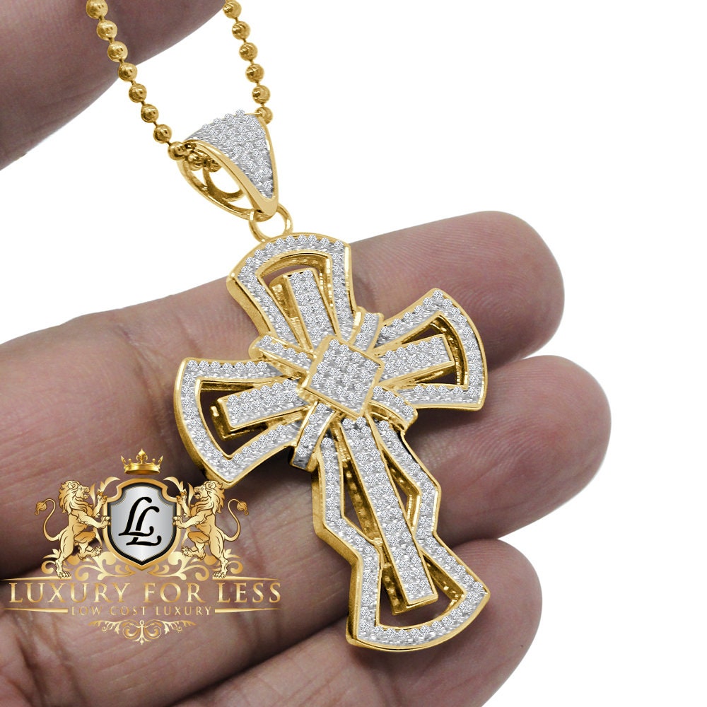 Real Genuine Sterling Silver 14K Gold Finish Simulated Diamond Jesus Cross Pendent Charm Chain Set