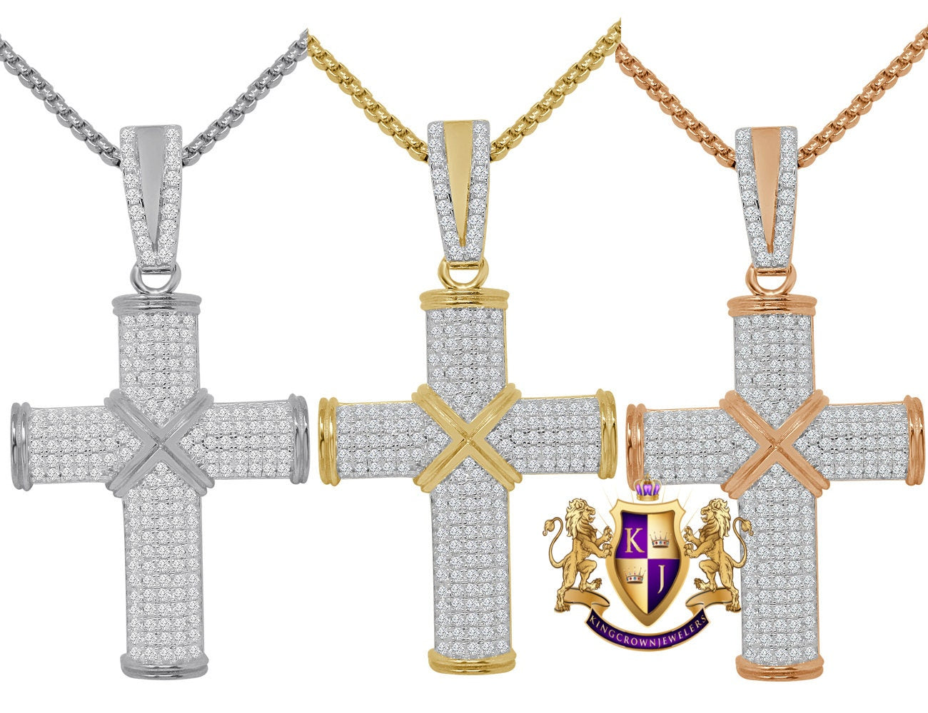 Pure Italian Sterling Silver 14K Gold Over Simulated Diamond Jesus Cross Custom Pendent Charm + Free Chain