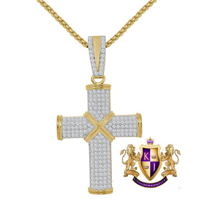 Pure Italian Sterling Silver 14K Gold Over Simulated Diamond Jesus Cross Custom Pendent Charm + Free Chain