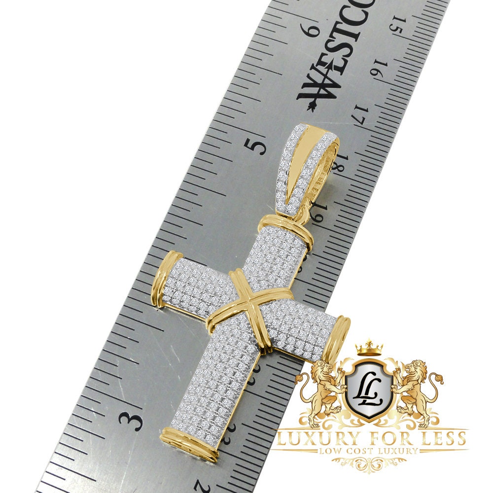 Pure Italian Sterling Silver 14K Gold Over Simulated Diamond Jesus Cross Custom Pendent Charm + Free Chain