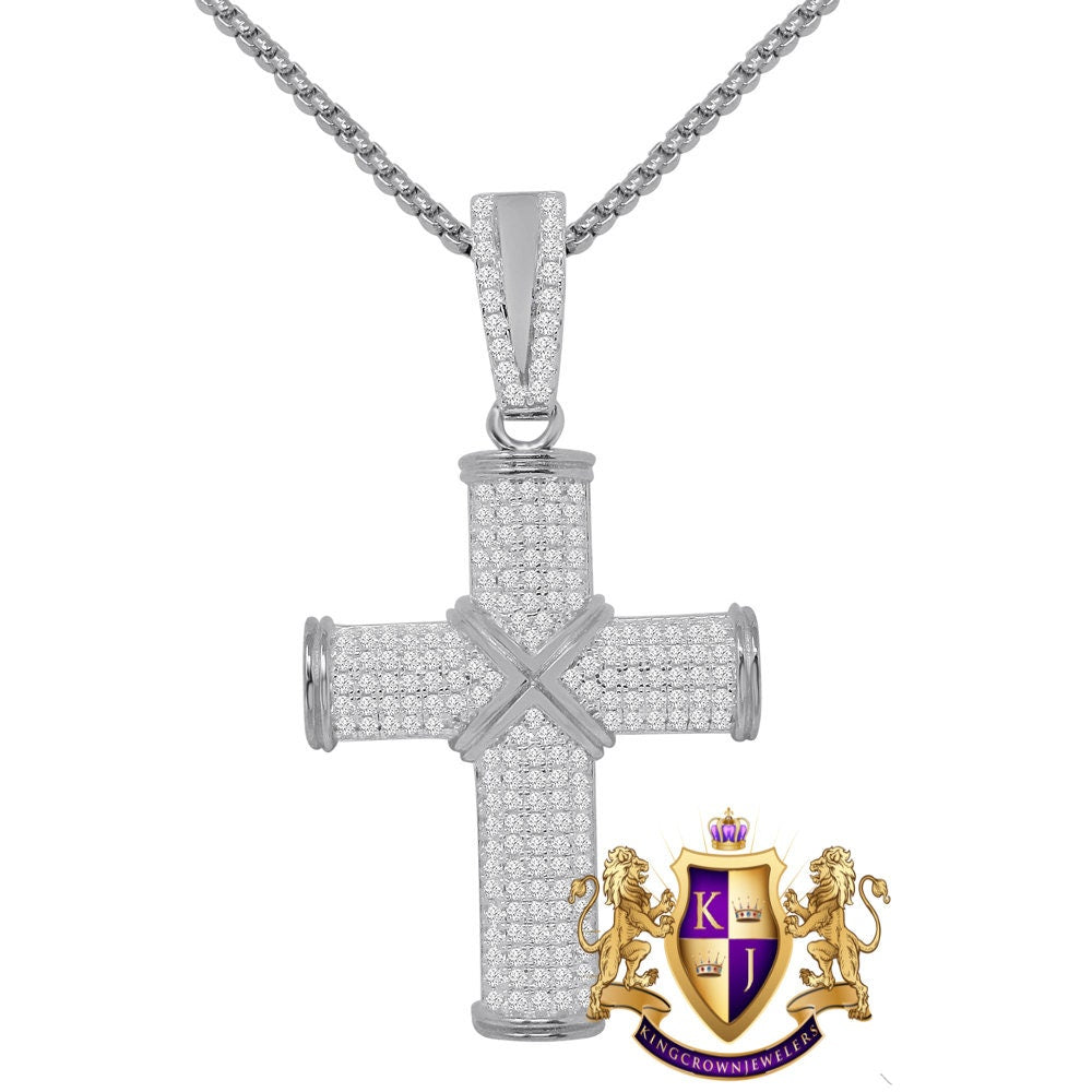 Pure Italian Sterling Silver 14K Gold Over Simulated Diamond Jesus Cross Custom Pendent Charm + Free Chain
