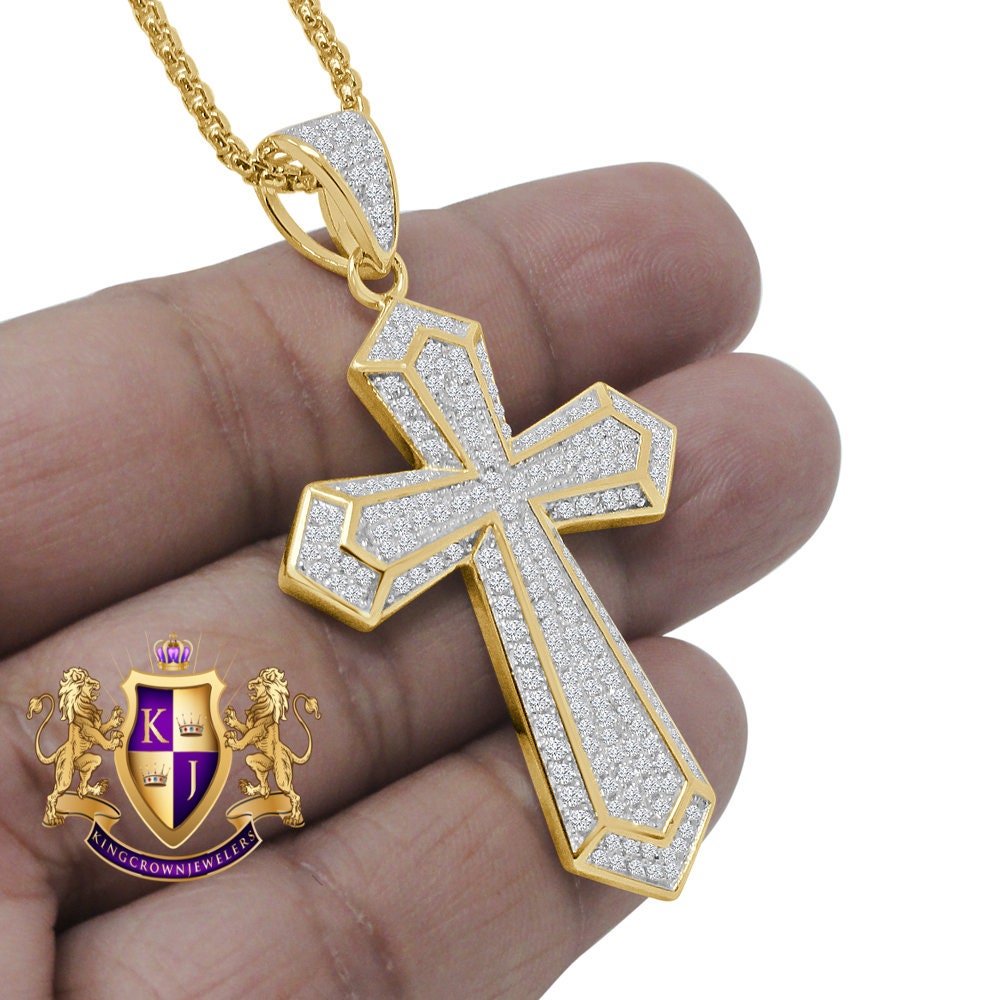 Genuine Authentic Pure Sterling Silver 14K Gold Over Simulated Diamond Jesus Cross Custom Pendent Charm + Free Chain