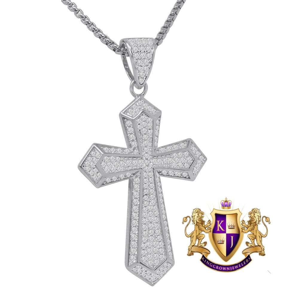Genuine Authentic Pure Sterling Silver 14K Gold Over Simulated Diamond Jesus Cross Custom Pendent Charm + Free Chain