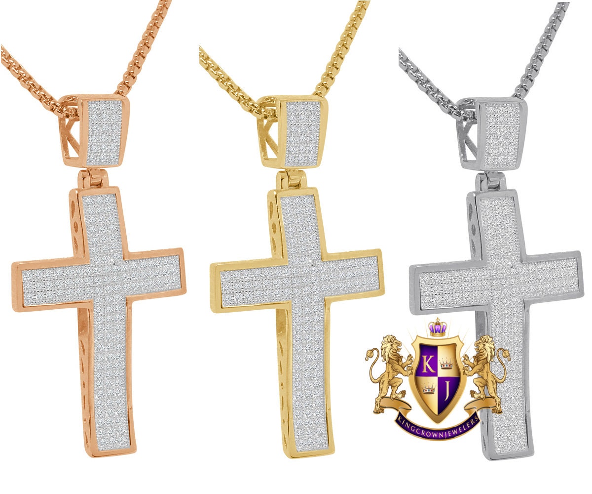 Authentic Iralian Sterling Silver 14K Gold Over Simulated Diamond Jesus Cross Custom Pendent Charm + Free Chain