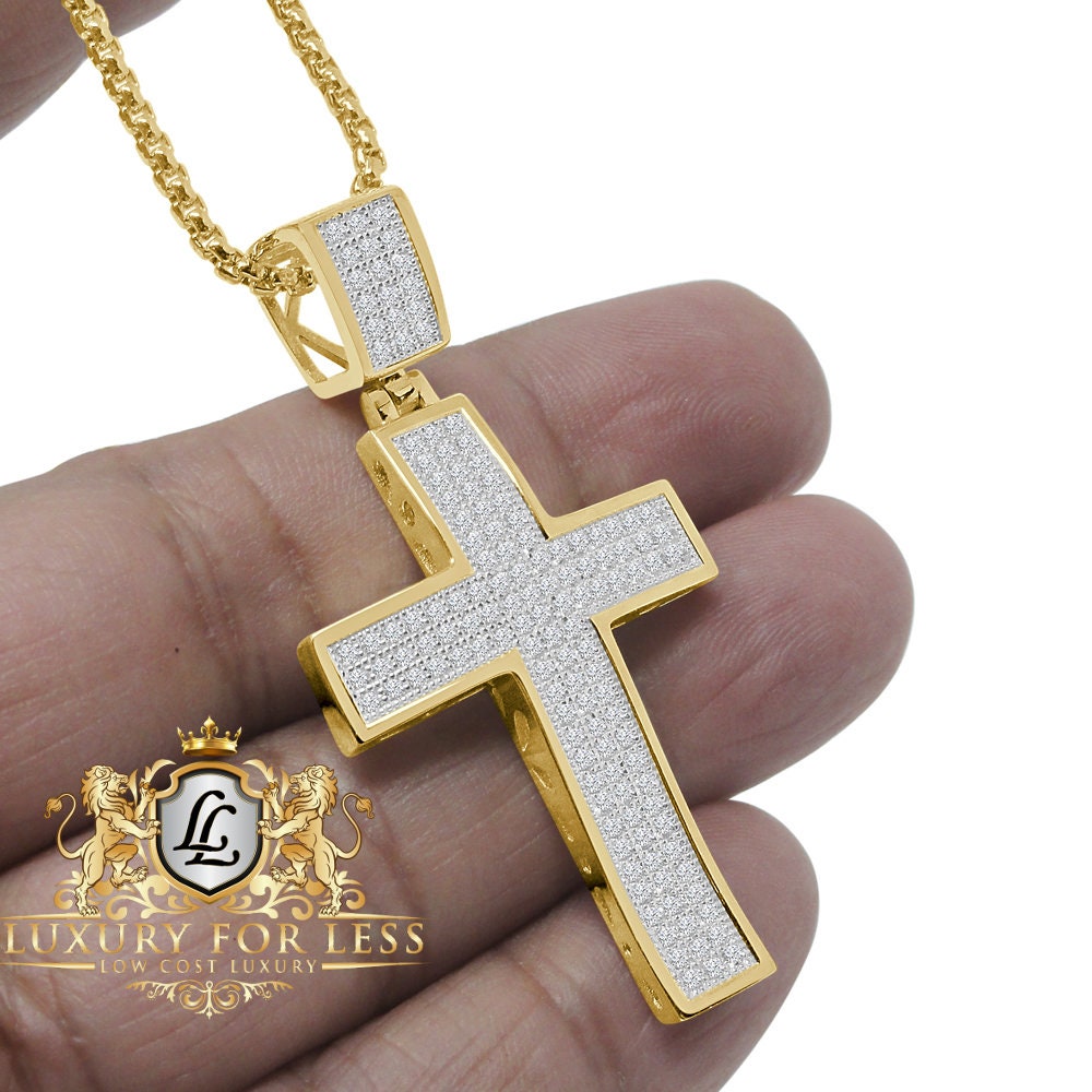 Authentic Iralian Sterling Silver 14K Gold Over Simulated Diamond Jesus Cross Custom Pendent Charm + Free Chain