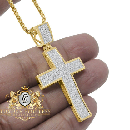 Authentic Iralian Sterling Silver 14K Gold Over Simulated Diamond Jesus Cross Custom Pendent Charm + Free Chain