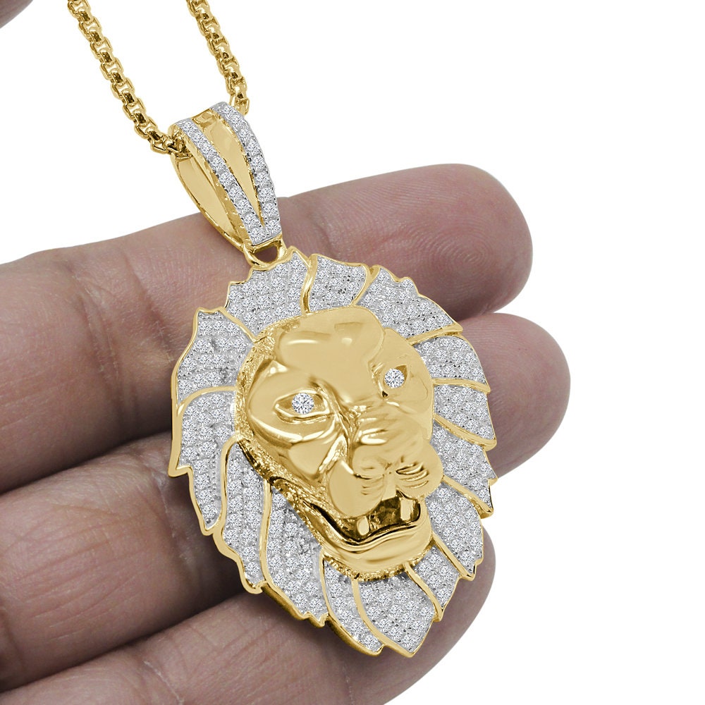 36+ Grams Genuine Real Sterling Silver 14K Gold Over 4.65 Cwt. Simulated Diamond Lion King Head Custom Pendant Charm + Free Chain Neckless
