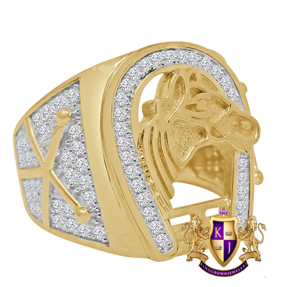 Men's Real Genuine Yellow Gold Sterling Silver Simulated Diamond Horseshoe Head Good Luck Ring Band