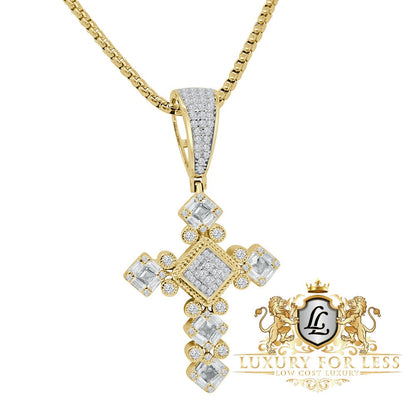 Authentic Genuine Sterling Silver Baguette/Round Cut Simulated Diamond Designer Jesus Cross Pendent Charm