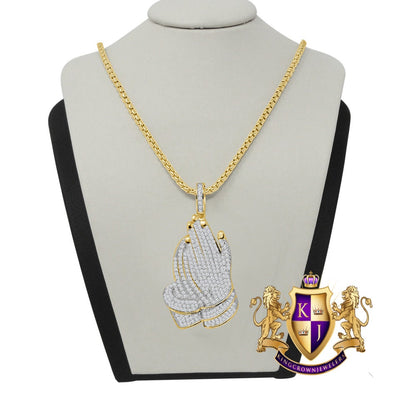 Real Genuine Sterling Silver Round Cut Simulated Diamond Praying Hands Religious Pendent Charm