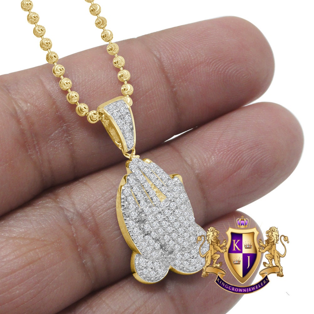 Unisex Real Genuine Sterling Silver Round Cut Simulated Diamond Praying Hands Mini Pendent Charm Chain Set