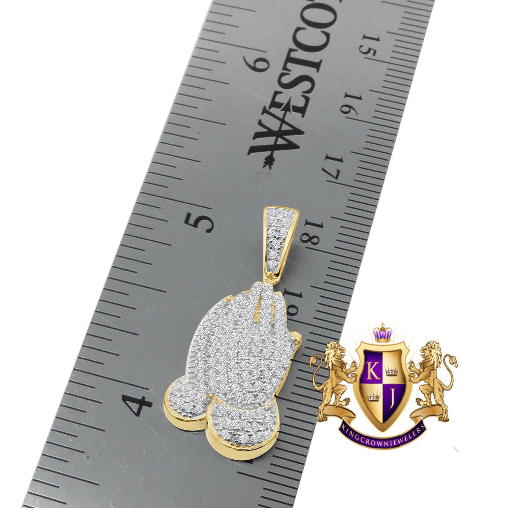 Unisex Real Genuine Sterling Silver Round Cut Simulated Diamond Praying Hands Mini Pendent Charm Chain Set
