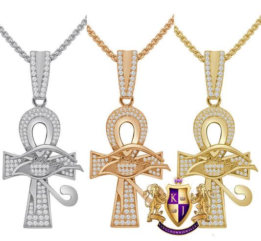 100% Real Sterling Silver 14K Gold Over Simulated Diamond Egyptian Ankh Cross Custom Pendent Charm + Free Chain