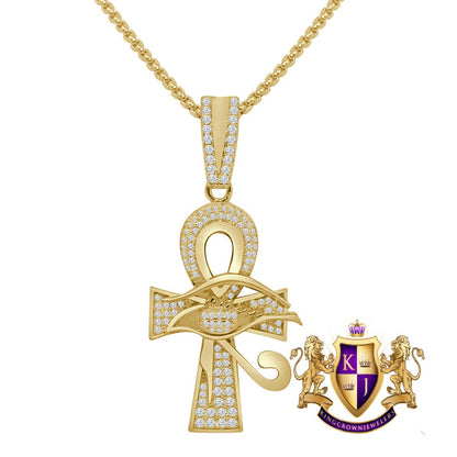 100% Real Sterling Silver 14K Gold Over Simulated Diamond Egyptian Ankh Cross Custom Pendent Charm + Free Chain