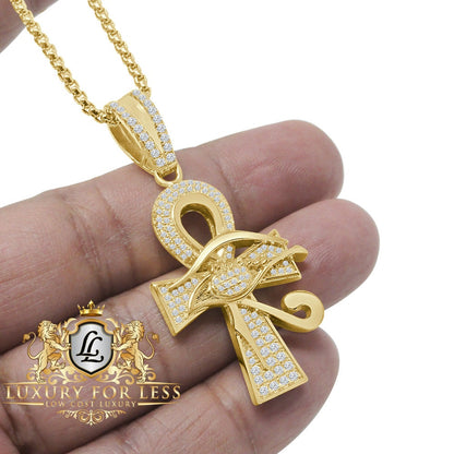 100% Real Sterling Silver 14K Gold Over Simulated Diamond Egyptian Ankh Cross Custom Pendent Charm + Free Chain