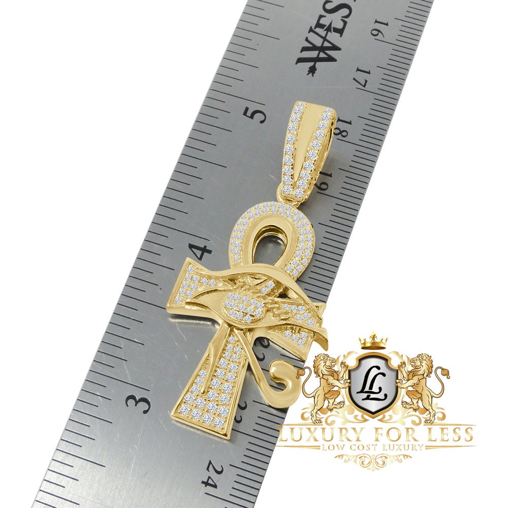100% Real Sterling Silver 14K Gold Over Simulated Diamond Egyptian Ankh Cross Custom Pendent Charm + Free Chain