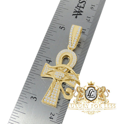 100% Real Sterling Silver 14K Gold Over Simulated Diamond Egyptian Ankh Cross Custom Pendent Charm + Free Chain