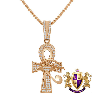 100% Real Sterling Silver 14K Gold Over Simulated Diamond Egyptian Ankh Cross Custom Pendent Charm + Free Chain