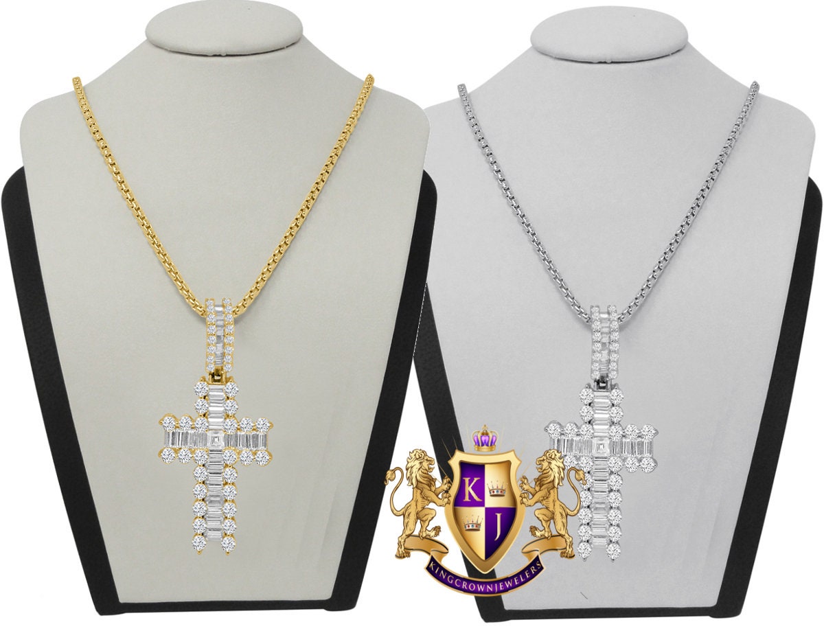 100% Real Sterling Silver 14K Gold Over Baguette Simulated Diamond Cross Custom Pendent Charm + Free Chain