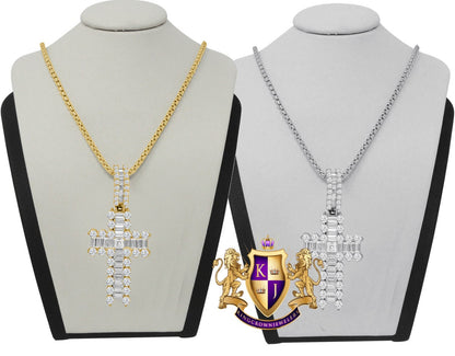 100% Real Sterling Silver 14K Gold Over Baguette Simulated Diamond Cross Custom Pendent Charm + Free Chain