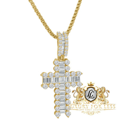 100% Real Sterling Silver 14K Gold Over Baguette Simulated Diamond Cross Custom Pendent Charm + Free Chain
